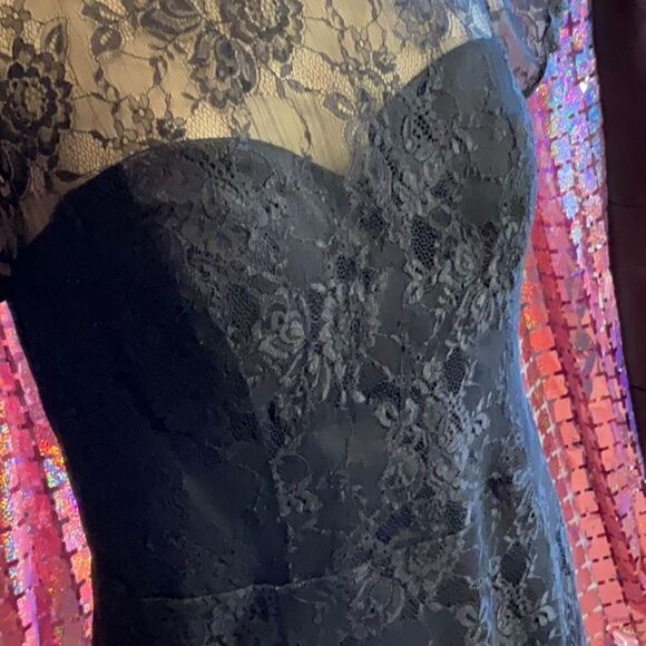 Lace & embroidered black formal dress with sheer lace top - Picture 8 of 16